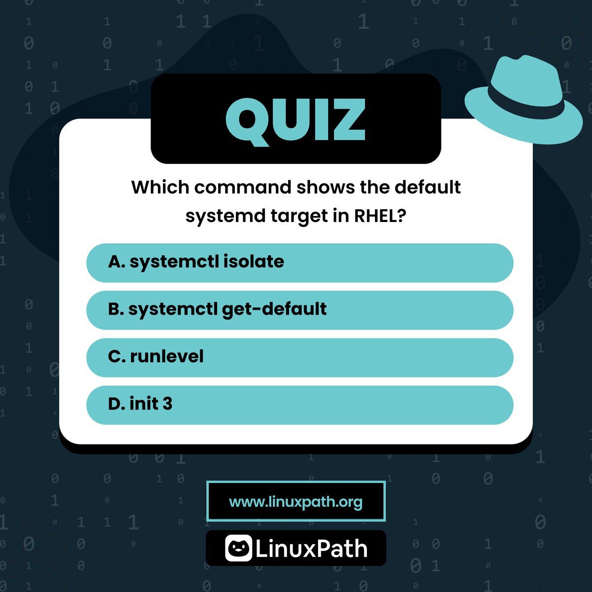 LinuxPath's tweet image. 🌎 Official website: linuxpath.org

💡 RHCE Quick Quiz!

Which command shows the default systemd target in RHEL?

Think you know it? 🤔 Drop your answer in the comments 👇

#RHCE #RHCSA #LinuxAdmin #SysAdminLife #LinuxCertification #RedHat #RHCEExam #LinuxTips #RHCEPrep