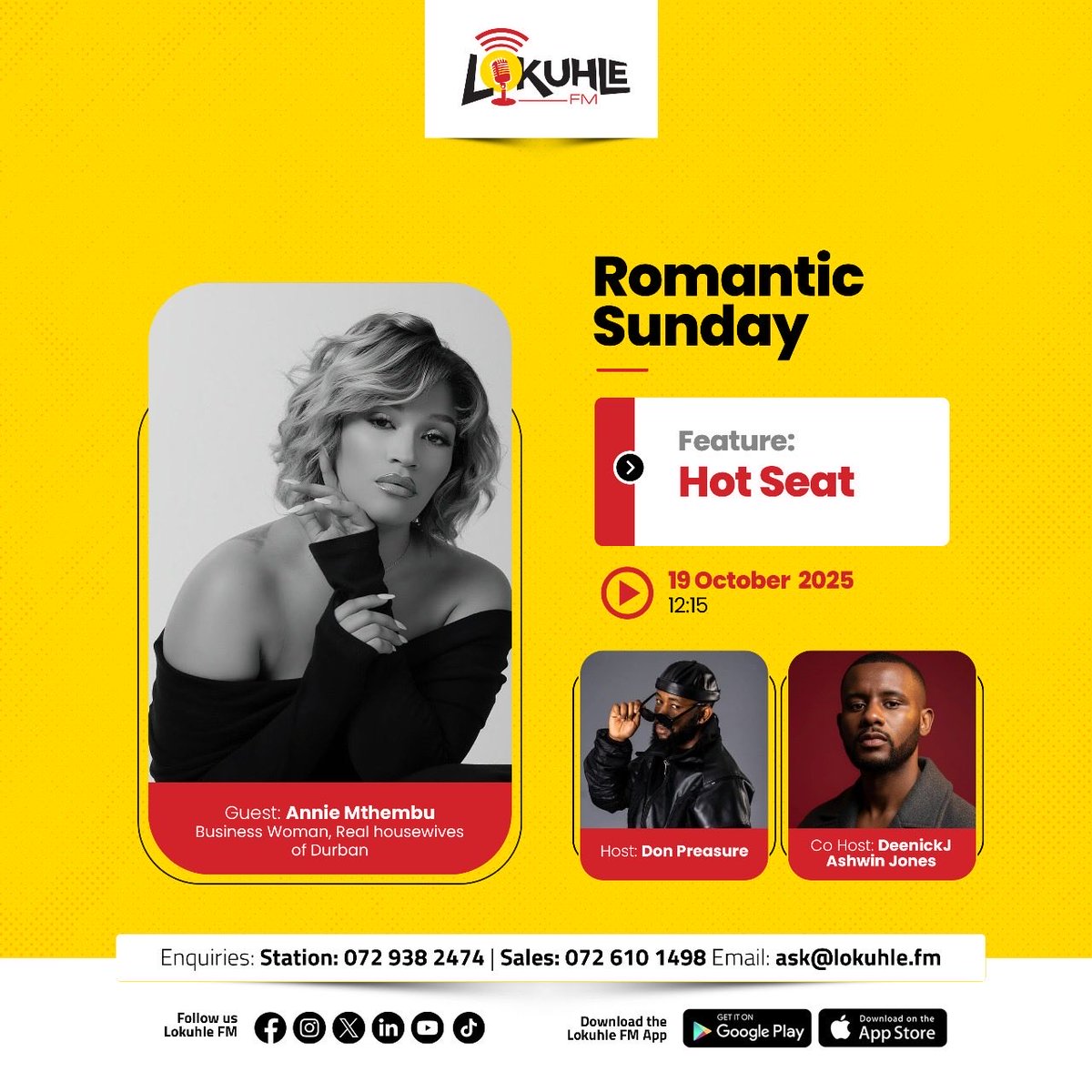 DeenickJ's tweet image. I’ll be interviewing Annie Mthembu this Sunday on #Romanticsunday on @LokuhleFM so do tune in from 10am until  2pm this Sunday on lokuhle.fm 

I hope y’all as excited as I am, see y’all Sunday 🥹❤️ #radio #radiointerview #🇿🇦 #RHODurban #rhod