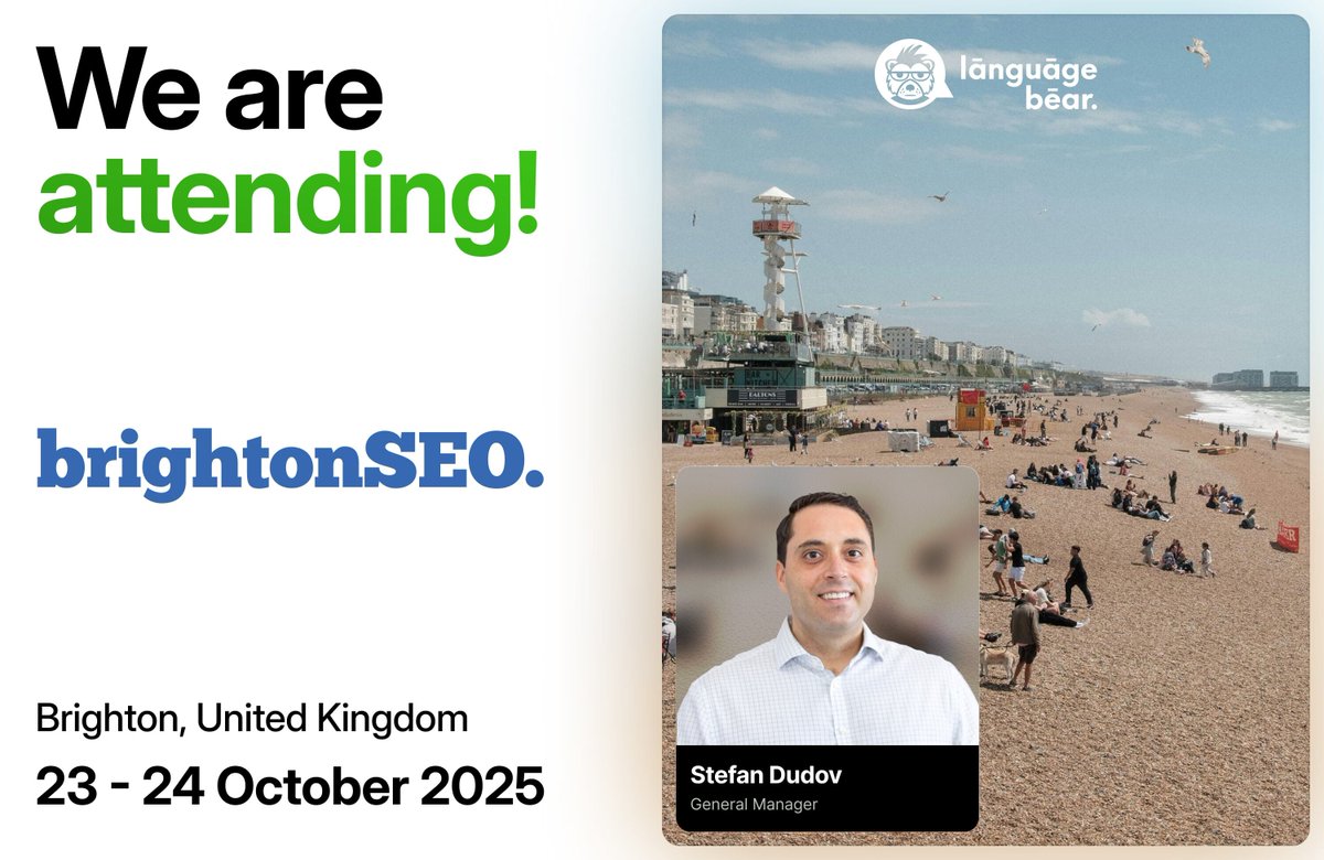 languagebearcom's tweet image. The countdown is on! We are heading to #brightonSEO next week, 23-24 October. 

Stefan Dudov will be there to chat about scaling your content &amp;amp; SEO for global markets.

🗓️ Book a meeting with him here: bit.ly/43cwSfj
