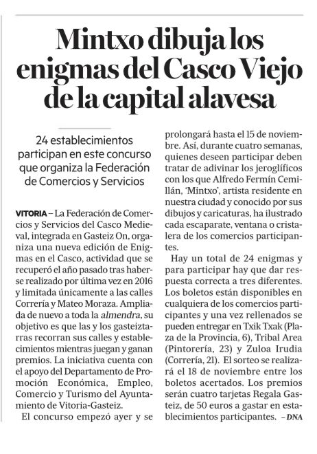 Desde #GasteizOn volvemos a poner en marcha la campaña 'Enigmas en el Casco' para dinamizar las calles e incentivar las compras en los #ComerciosLocales del #CascoMedieval de #VitoriaGasteiz. 

📅 Urriaren 15etik azaroaren 15era

ℹ️noticiasdealava.eus/gasteiz/2025/1…