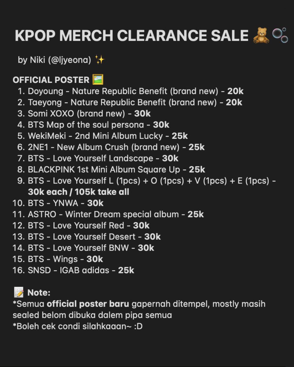 ljyeona's tweet image. [WTS - Clearance Sale] 🧸🫧

All about BTS! Semuanya official, gapernah dipajang cuma disimpen di storage&amp;lt;/3 jadi super good condi! 

(Album - PC - Army Bomb - Poster)

💸 negotiable 
📍 pengiriman dari Bekasi 
📝 boleh cek condi :D

#aabbts #wtsbts #merchbts #albumbts #pcbts