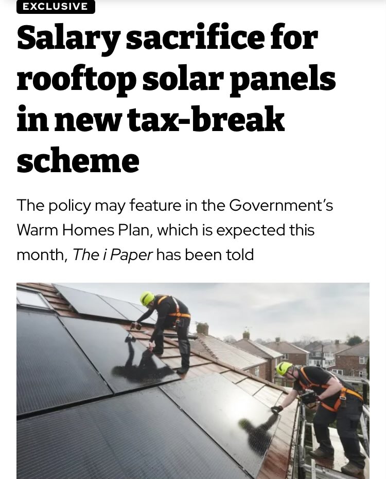 Exclusive: Ministers are looking at introducing salary sacrifice schemes for rooftop solar panels as part of efforts to cut energy bills, <a href="/theipaper/">The i Paper</a> can reveal.

Link in thread below👇