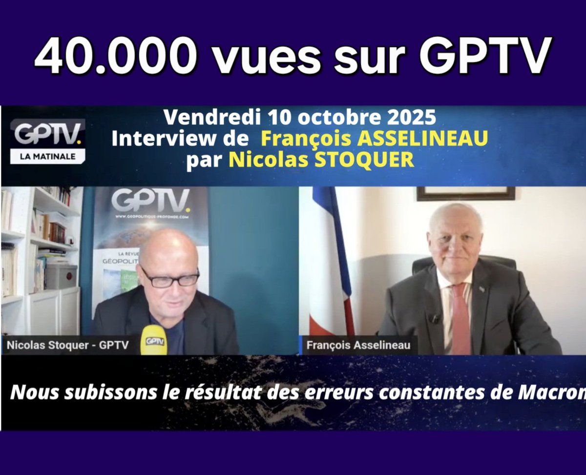 📺 𝟰𝟬.𝟬𝟬𝟬 𝘃𝘂𝗲𝘀 𝘀𝘂𝗿 𝗚𝗣𝗧𝗩  
Avez-vous vu mon entretien de vendredi dernier avec Nicolas Stoquer sur GPTV ?
Gouvernement Lecornu-2, Prix Nobel de la paix, etc.
youtube.com/live/FvNSK8Alg…