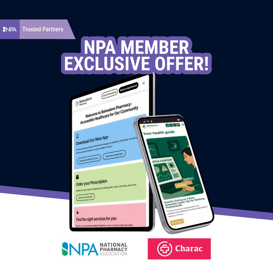 The NPA is proud to support members with an exclusive website offer from our trusted partner, <a href="/CharacApp/">Charac - The Pharmacy App</a>

Create a professional, mobile-friendly website for your pharmacy with:
✅ No upfront design or build costs (save £1,000+)
✅ Custom features to promote private services,