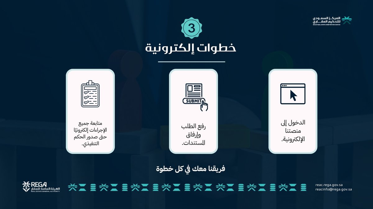 كيف تبدأ رحلتك للاستفادة من خدماتنا؟
3 خطوات إلكترونية حتى صدور الحكم التنفيذي.
reacservices.rega.gov.sa
#التحكيم_العقاري
#المركز_السعودي_للتحكيم_العقاري