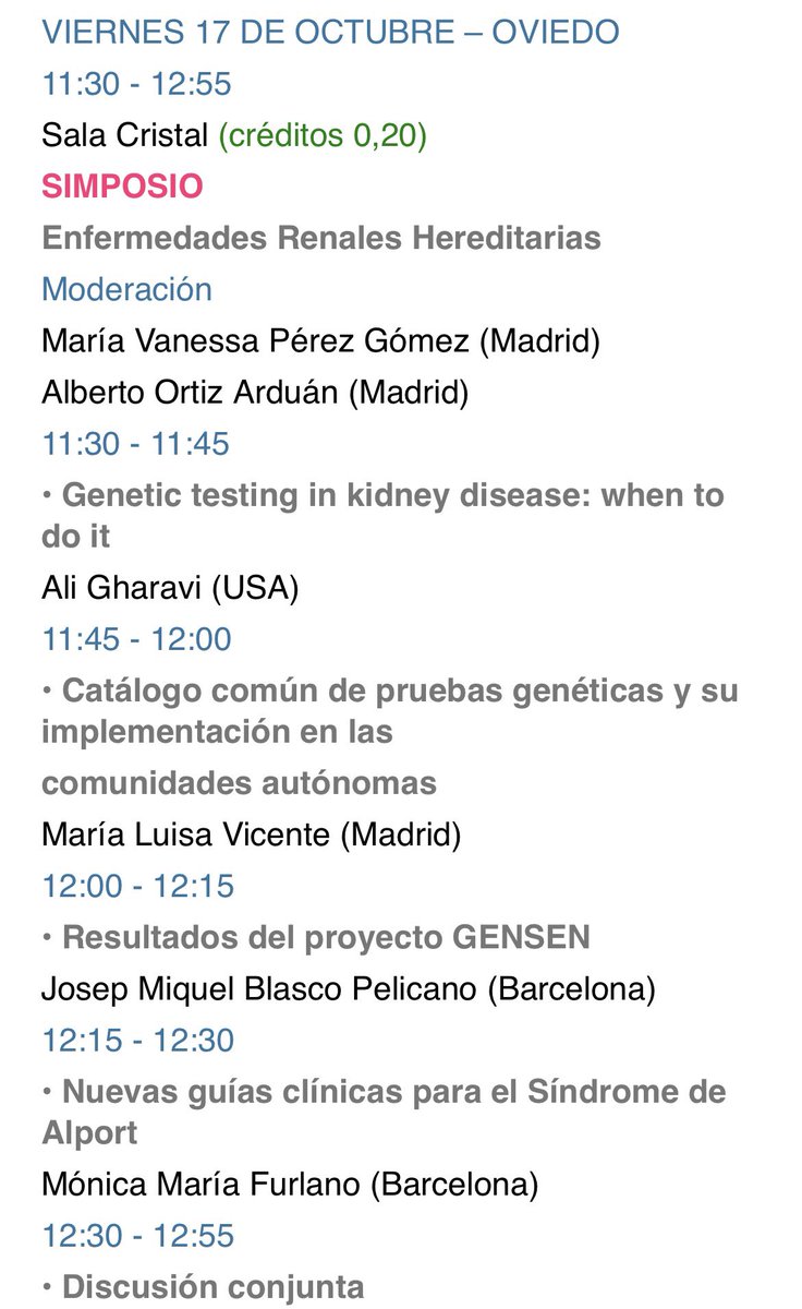 🧬Planning Enf. Renales Hereditarias #senefro25 🧬

16/10: 17:15-17:30 Registro Alport. 🪴0, Auditorio

17/10: 
-8.30-9.55 Com. orales ERH 🪴0, Sala Cristal
🌟11.30-12.10 SIMPOSIO ERH 🪴0, Sala Cristal
-14-15.25 Reunión #GTERH Sala 7

18/10: 11-11:50 Eposters ERH 🪴1, sala 1