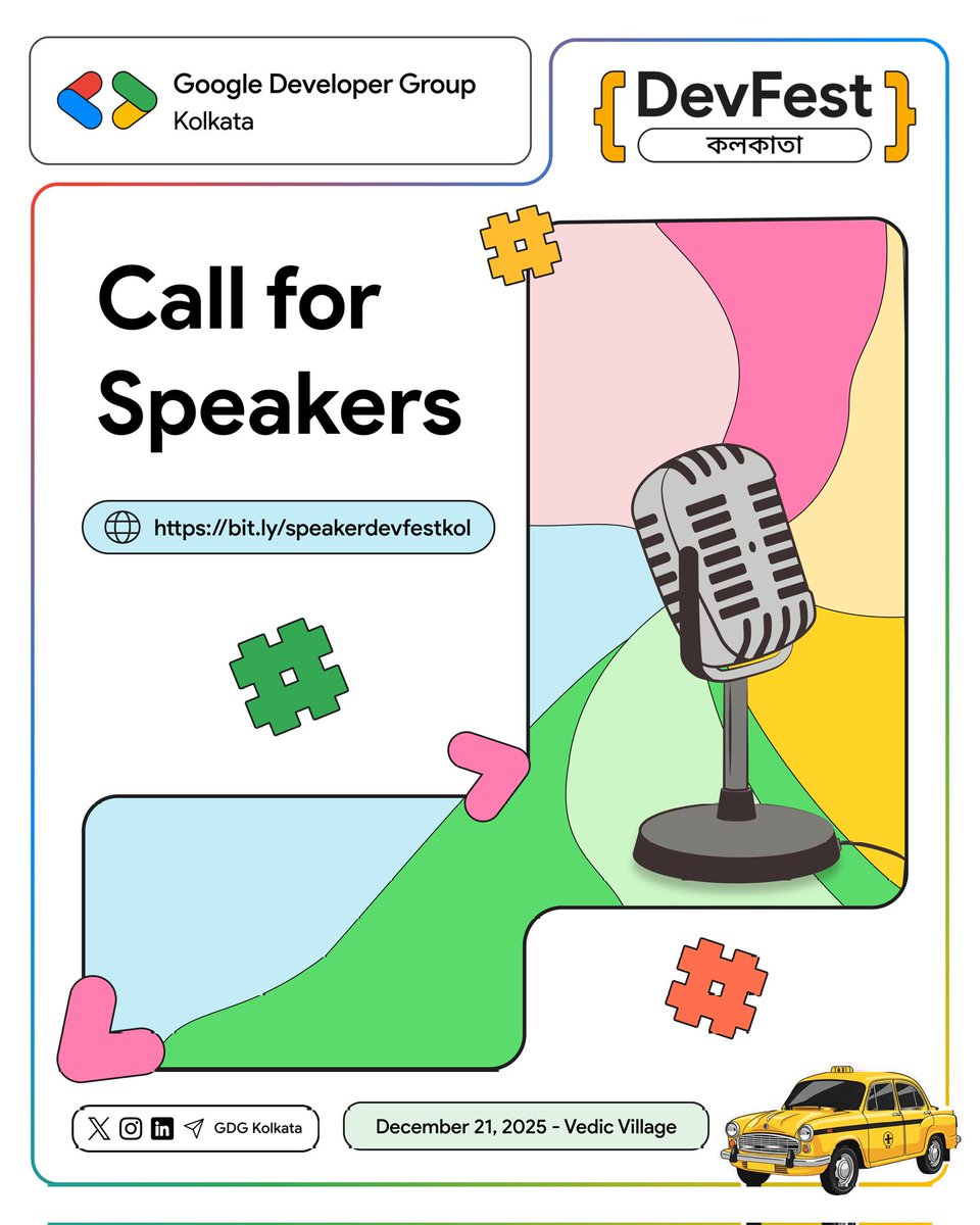 gdgkolkata's tweet photo. 🎤 Call for Speakers is LIVE!
Got a story, idea, or innovation worth sharing?
Join us at #DevFestKolkata 2025 — the stage is yours! 🌟
📅 Dec 21 | 📍 Vedic Village
Apply now :
👉 https://t.co/ONMYSVlNQ3
#GDGKolkata #GoogleDevelopers #DevFestKolkata25 https://t.co/doZjrxz3t1
