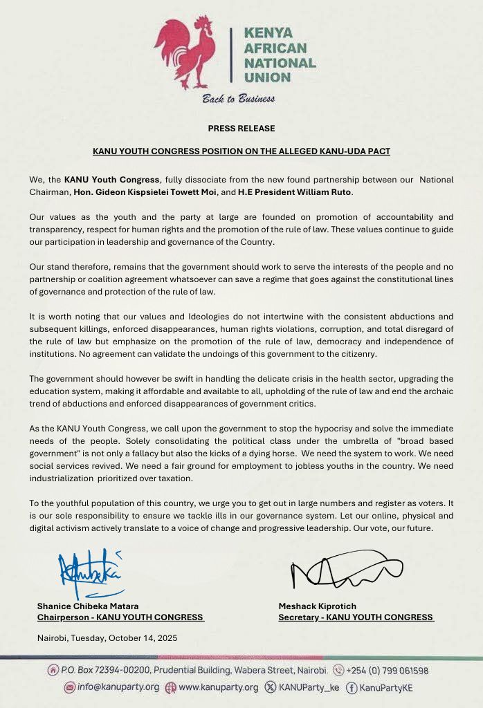 KanuCongress's tweet photo. The KANU Youth Congress position on the erroneous partnership between the party chairman Hon. Gideon Moi and H.E President William Ruto. https://t.co/BQdv1BJhCr