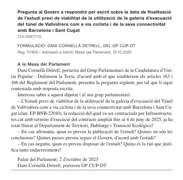 🚵🏾 Hem fet una pregunta al Govern sobre l'estudi de viabilitat per utilitzar la galeria de serveis dels túnels de Vallvidrera com a carril bici, d'acord amb la idea que reivindica <a href="/bikevidrera/">bikevidrera</a>. El termini per redactar l'estudi es va acabar fa mesos! #bicitúnelja #bicisX1tubo