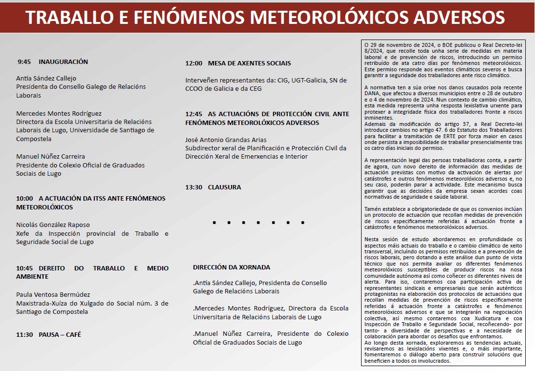 O 28 de outubro o <a href="/cgrrll/">cgrl</a> organiza una xornada formativa en colaboración coa Escola Universitaria de Relacións Laborais da USC en Lugo e o Colexio Oficial de Graduados Sociais de Lugo. Podes inscribirte ata o 27 de outubro enviando un correo electrónico a formación.cgrl@xunta.gal