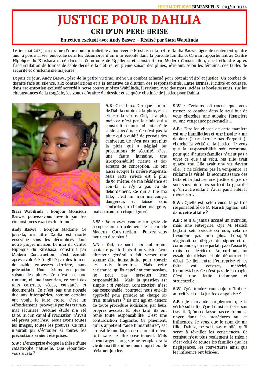 NtilArchange's tweet image. Pendant qu’on débat sans fin de politique, un père congolais se bat seul pour la vérité : sa fille Dahlia, 4 ans, est morte sous un mur mal construit à Kinshasa.
Silence des autorités. Silence de la société.
Notre indignation sélective tue la justice.
#JusticePourDahlia…