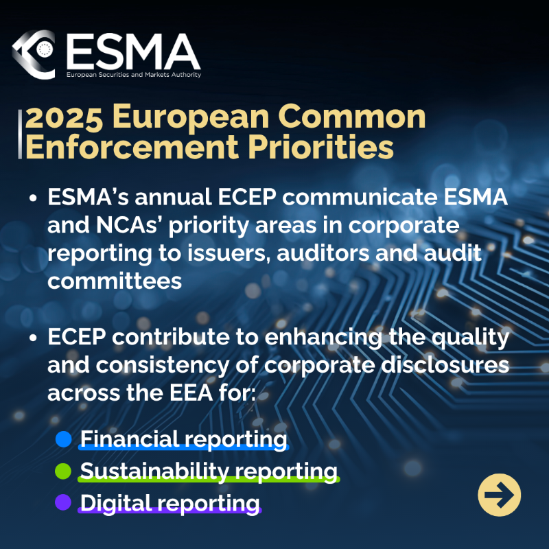 ESMAComms's tweet photo. #ESMA outlines European Common Enforcement Priorities (#ECEP) for the 2025 annual financial reports of listed issuers → https://t.co/03eT1qChKg

Key areas of focus:
📃 IFRS financial statements
🌿 #Sustainability statements
📱 ESEF digital reporting