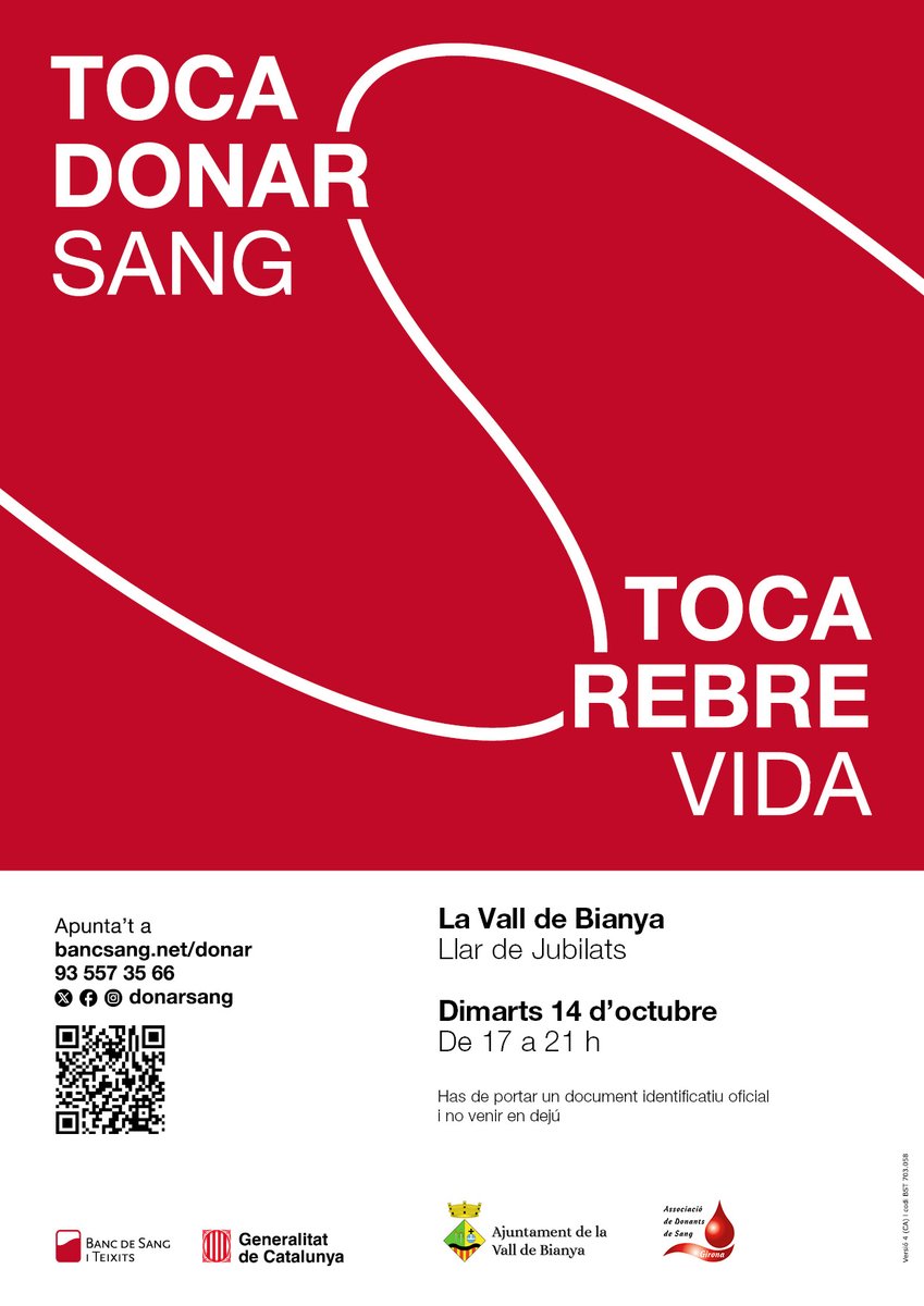 🩸Aquest dimarts 14 d'octubre, donació de sang a
<a href="/valldebianya_aj/">Ajuntament de la Vall de Bianya</a> 

📌Llar de jubilats
⏰De 17 h a 21 h 

#DonaSang #Garrotxa #ViuiFesViure