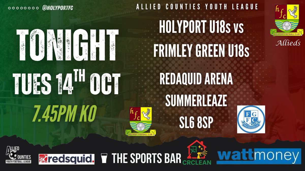 MATCH DAY‼️ Our Allied's host <a href="/official_FGFC/">Frimley Green FC</a> tonight:

🕖 7.45pm
🦑 <a href="/redsquidcomms/">Redsquid</a> Arena
📍 SL6 8SP
🏆 @ACYFLofficial
🚗 Free parking
🎫 £3 entry cash/card
FREE for U16s, Port players &amp; Season Tix holders!
🍔☕️ <a href="/howdenlocaluk/">Howden Insurance</a> tea bar open!

#HolyportFC #oneclub