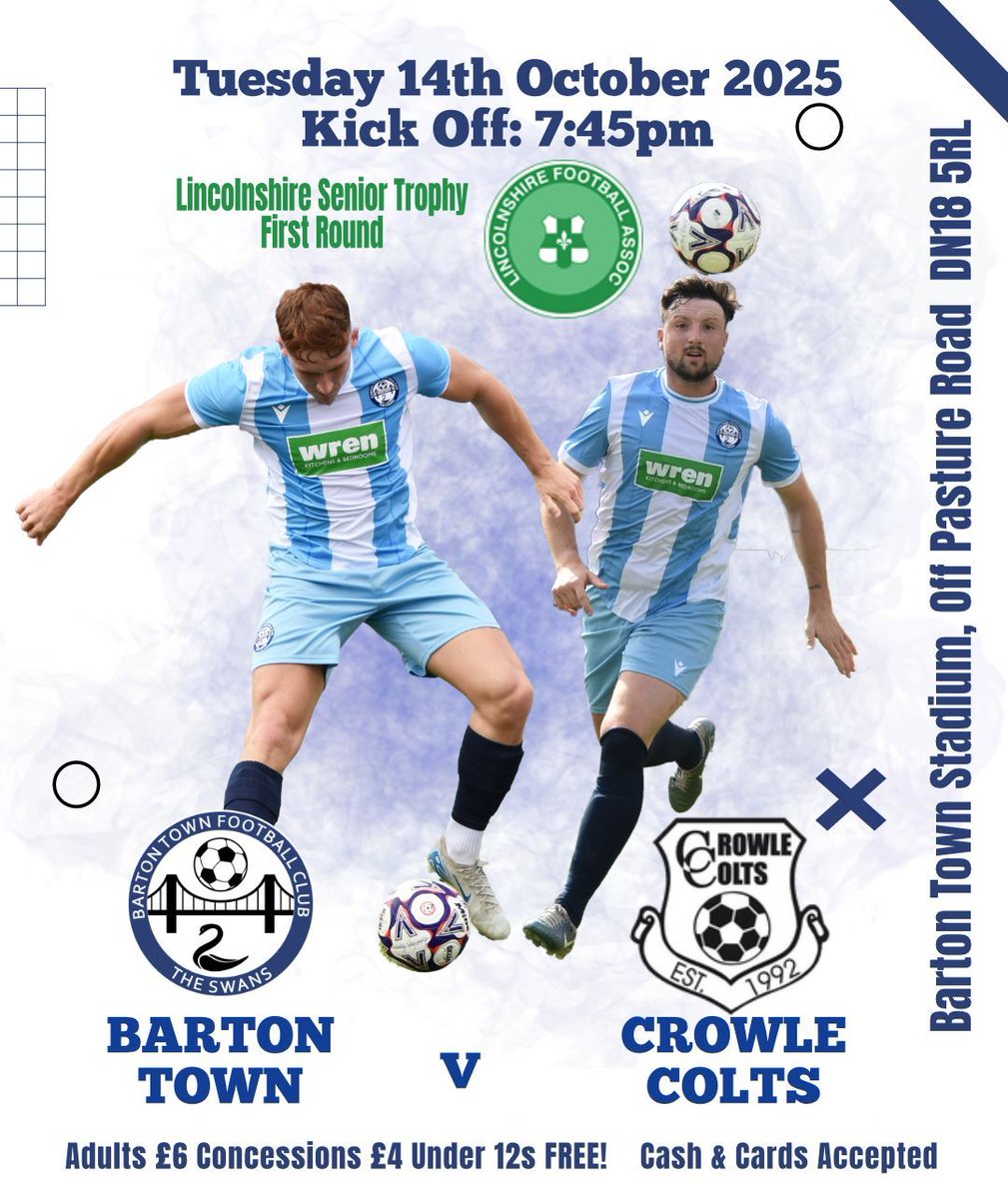 Tonight Barton Town host <a href="/CrowleColtsFC/">Crowle Colts FC | Est 1992</a> in the Lincolnshire Senior Trophy First Round
7:45pm kick-off
Up The Swans!