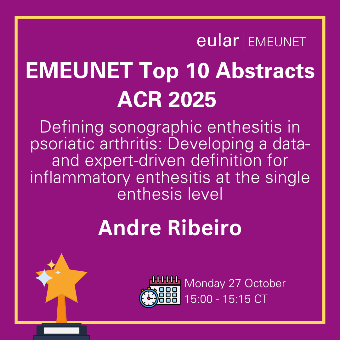 🎉Introducing #EMEUNETtop10abstracts winner Dr. Andre Ribeiro!

His study focuses on Defining sonographic enthesitis in PsA: Developing a data- and expert-driven definition for inflammatory enthesitis at the single enthesis level.

📅 Mon 27 Oct at 15:00 CT

#ACR25 #EMEUNET