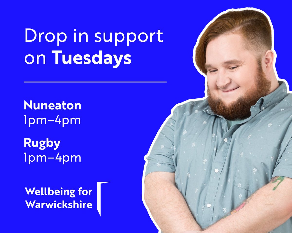 Mental health support at our drop-in hubs on Tuesdays: 

1pm–4pm: Nuneaton; 1pm–4pm: Rugby

No appointment necessary. Click the link for full address details: bit.ly/3qkzi7K