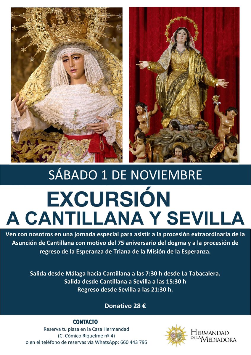 [RECORDATORIO] Excursión a Cantillana y Sevilla: Procesiones extraordinarias de la Asunción y la Esperanza de Triana

📆 1 de noviembre

➡️ Salida 7:30 h. desde La Tabacalera 
➡️ Salida desde Cantillana, 15:30 h
⬅️ Vuelta 21:30 h. desde Sevilla

➕ Info 👉 hermandadmediadora.es/index.php?id=1…