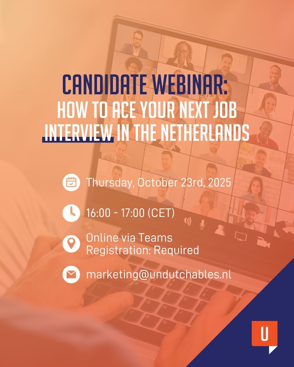 🎯 Want to ace your next job interview in the Netherlands?

Join our free Candidate Webinar on Oct 23 (16:00–17:00 CET) and learn pro tips from our recruiters to boost your confidence and make a great impression! 💬

Register now 👉 undutchables.nl/events/candida…

#Webinar #JobInterview