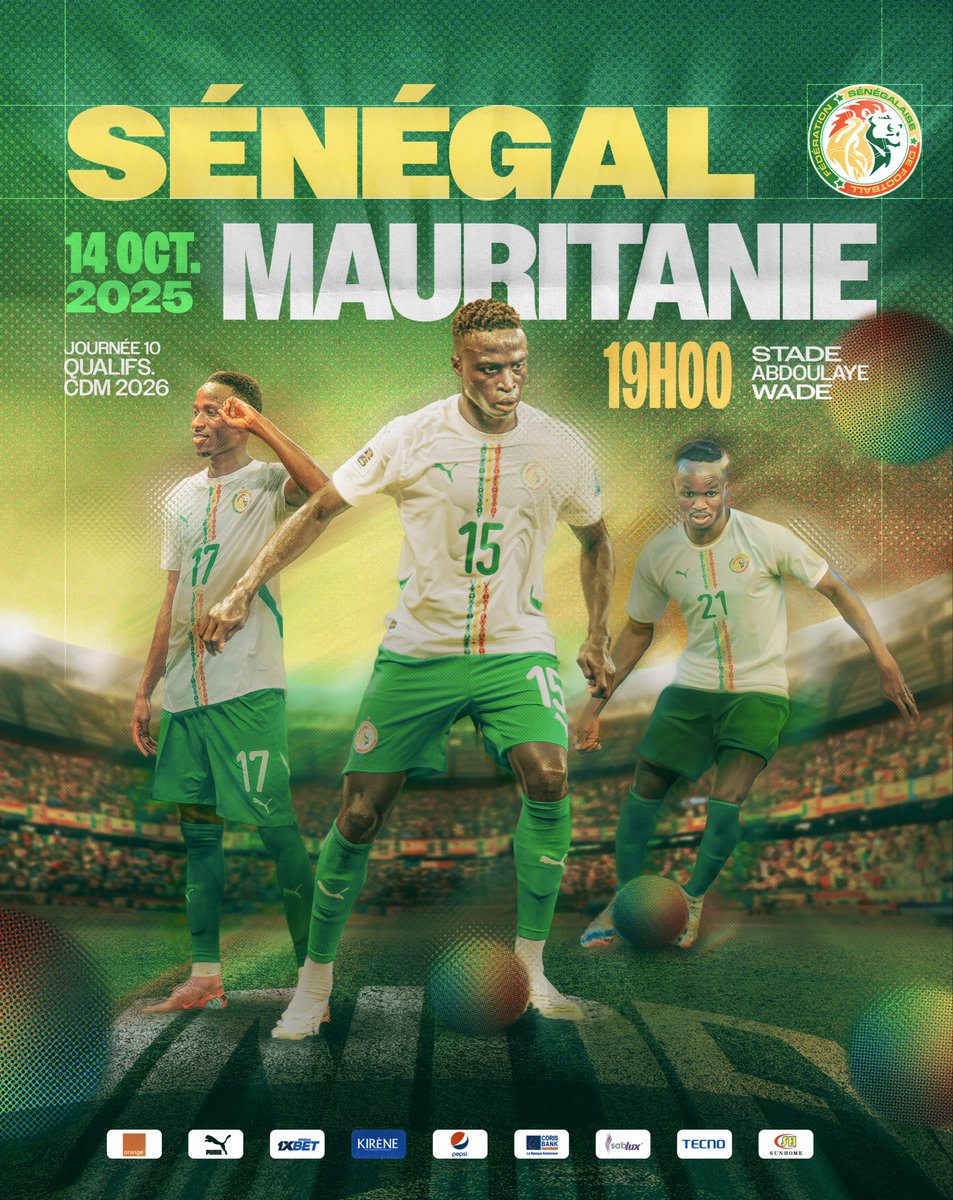 𝙅𝙊𝙐𝙍 𝘿𝙀 𝙈𝘼𝙏𝘾𝙃 | Le Senegal affronte la Mauritanie ce mardi à Diamniadio dans le cadre de la 10e et dernière journée des éliminatoires de la Coupe du Monde 2026. 

⏰ Coup d’envoi : 19h00
📺 En direct sur la RTS 

#SENMAU | #WCQ2026