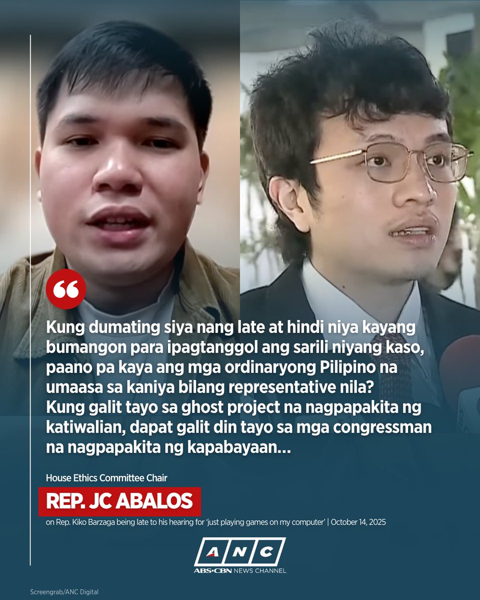 ANCALERTS's tweet image. House Ethics Committee Chair JC Abalos likens Cavite 4th District Rep. Kiko Barzaga's actions to substandard and ghost projects, calling him "overpaid" for wasting the public's time and trust.