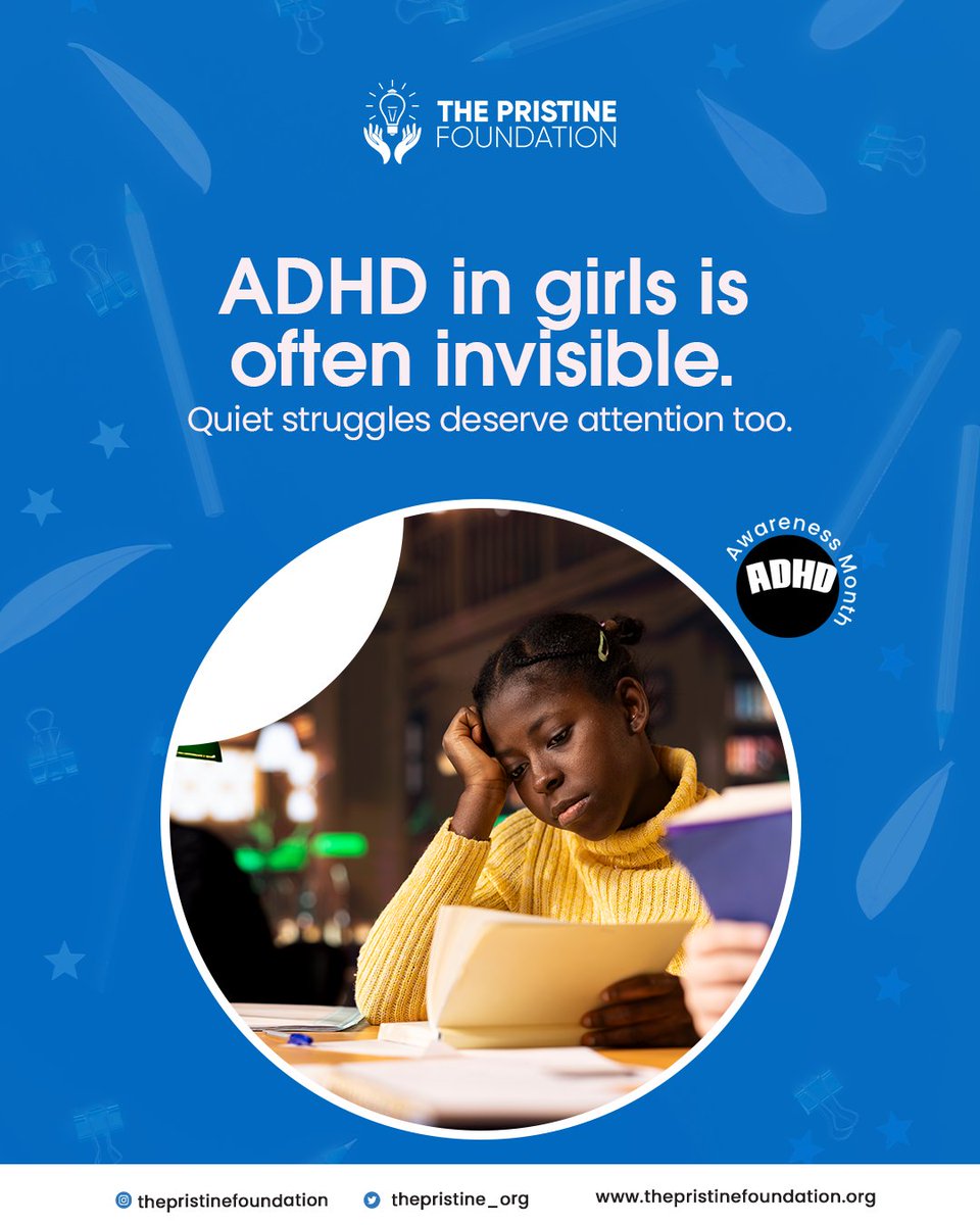 The Pristine Foundation (@thepristine_org) on Twitter photo Many girls with ADHD go unnoticed because their struggles are quieter, more internal. They’re often labeled as “daydreamers” or “lazy,” when in reality, they’re fighting battles no one sees.
#ADHDAwareness  #ADHDInGirls #InvisibleStruggles #ThePristineFoundation #Neurodiversity Many girls with ADHD go unnoticed because their struggles are quieter, more internal. They’re often labeled as “daydreamers” or “lazy,” when in reality, they’re fighting battles no one sees.
#ADHDAwareness  #ADHDInGirls #InvisibleStruggles #ThePristineFoundation #Neurodiversity
