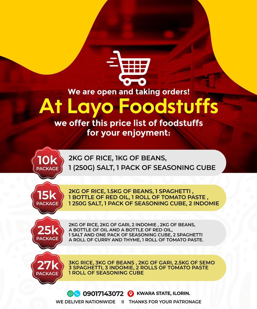 goldherself's tweet image. Good morning my amazing friends
Kindly support my hustle
Buy foodstuffs from me today and you will never regret you did
๐ bag of Rice 76k
๐10kg Rice 17k
๐5kg Rice 8,500
Foodstuffs ๐ฆ
10k
15k
20k
27k
Location kwara state
Nationwide delivery ๐
#iyaloja