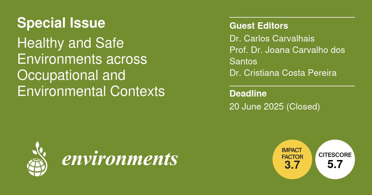 #CallForReading
📢Special Issue “Healthy and Safe Environments across Occupational and Environmental Contexts”

Explore the 9 published articles about the latest research on occupational and environmental health.

👉mdpi.com/journal/enviro…