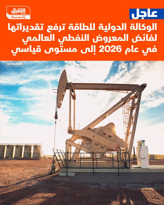 عاجل الوكالة الدولية للطاقة ترفع تقديراتها لفائض المعروض النفطي العالمي في عام 2026 إلى مستوى قياسي #اقتصاد_الشرق 