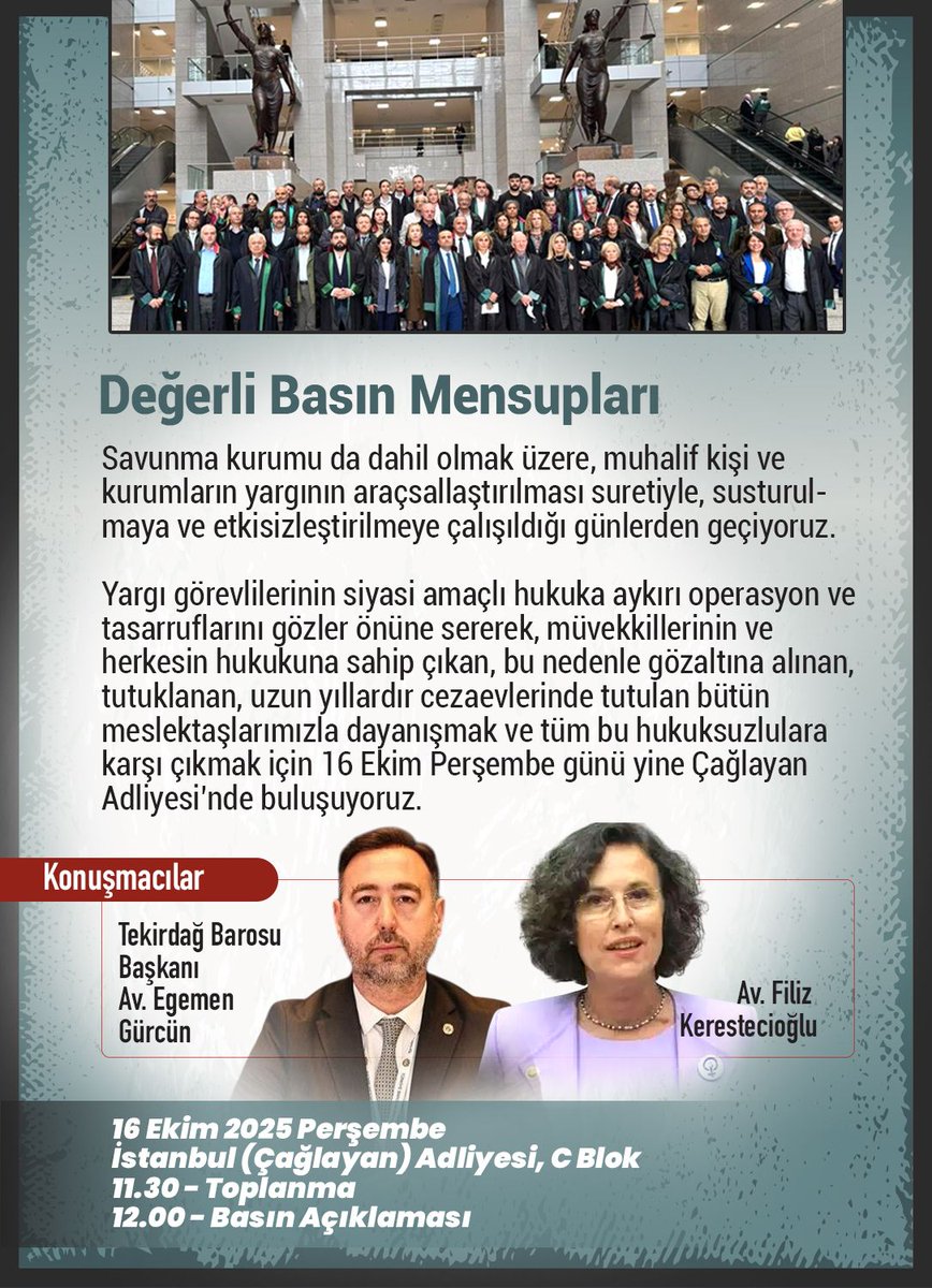 Savunmayı savunmak, dayanışmamızı büyütmek için bir kez daha bir araya geliyoruz.

Tüm meslektaşlarımızı Savunma Nöbeti'ne bekliyoruz. 

📍Çağlayan Adliyesi C Blok
⏰ 11:30 (Toplanma)
⏰ 12:00 (Basın Açıklaması)
📆 16 Ekim Perşembe