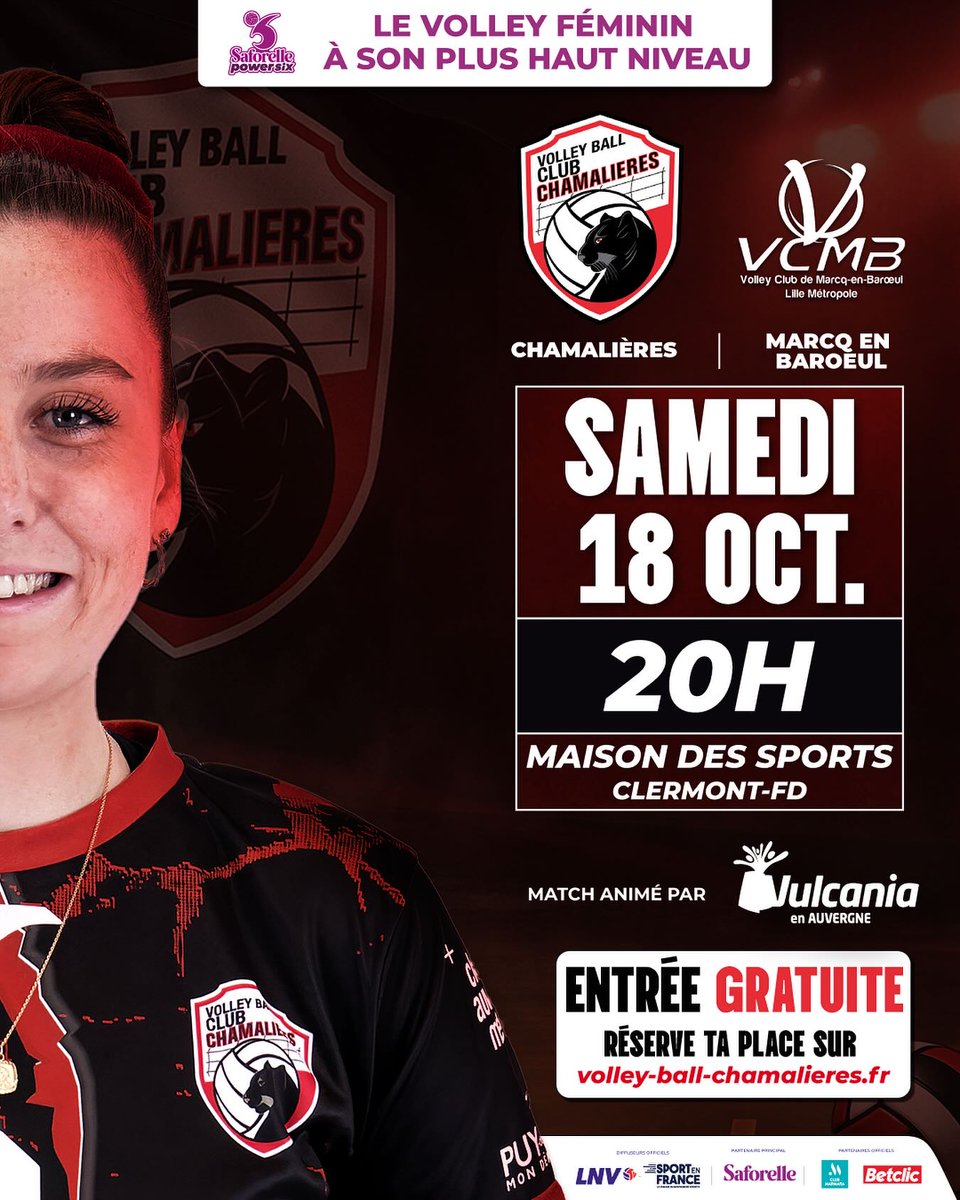 🏐 IT’S TIME
Nos Panthères sont de retour à la Maison des Sports de Clermont-Fd, Samedi 18 octobre à 20h pour la J2 de Saforelle Power 6 
Billetterie ouverte urlr.me/aru7CY
🔺Entrée gratuite🔺  

🌋Animé par <a href="/Parc_Vulcania/">Parc Vulcania</a> 
Ouverture des portes et animations dès 19h !