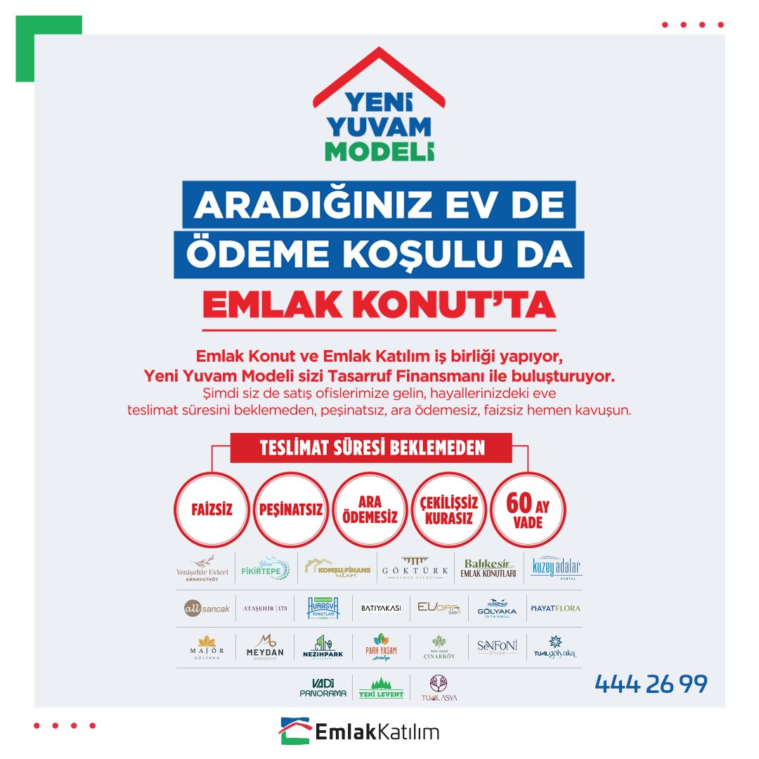 Hayalinizdeki eve kavuşmak artık çok daha kolay!

Emlak Katılım güvencesi ve Emlak Konut iş birliğiyle geliştirilen Yeni Yuvam Modeli sayesinde; faizsiz, peşinatsız, ara ödemesiz ve çekilişsiz şekilde 60 aya varan vade avantajıyla ev sahibi olabilirsiniz. 

#EmlakKatılım
