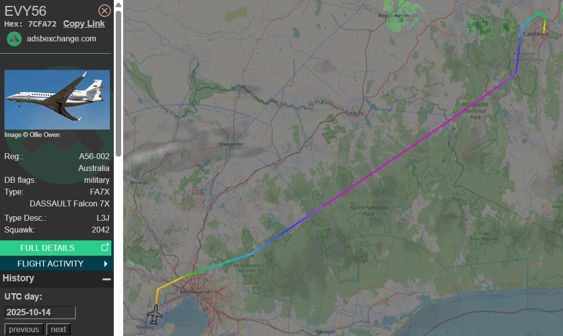 raaf_vip's tweet photo. Likely off to pick up Richard Marles.
✈️: Dassault Falcon 7X
Rego: A56-002
Callsign: Envoy 56
Route: Canberra (CBR) - Melbourne Avalon (AVV)
🛫: 03:05 UTC on 14/10/2025
🛬: 04:04 UTC
#RAAF #AusAirForce #Dassault #Falcon7X #FA7X #A56002 #Victoria #Melbourne #Avalon #Geelong https://t.co/4sjq4qJYVh