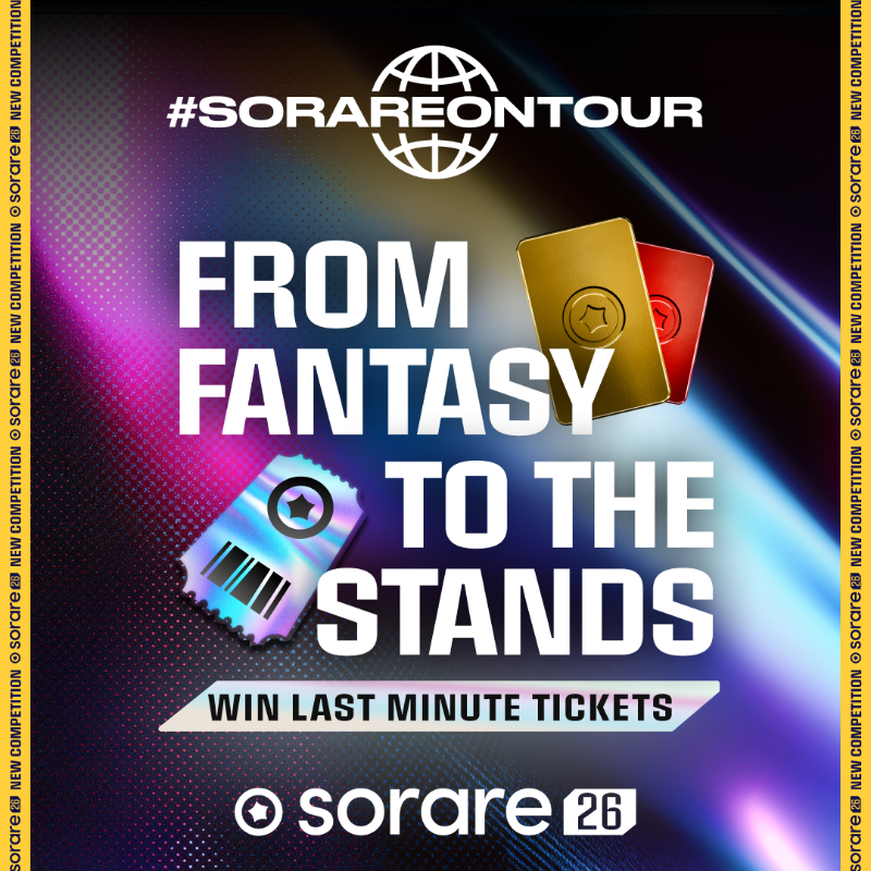 Sorare's tweet photo. 🎟️ SorareOnTour Competition

From Fantasy to the Stands, we’re testing something new

🗓️ Game Week 19, October 17–21
⚽ 14 clubs, 14 leaderboards
🏟️ Win home match tickets for the following weekend (October 24-27)
🔥 All Season cards allowed