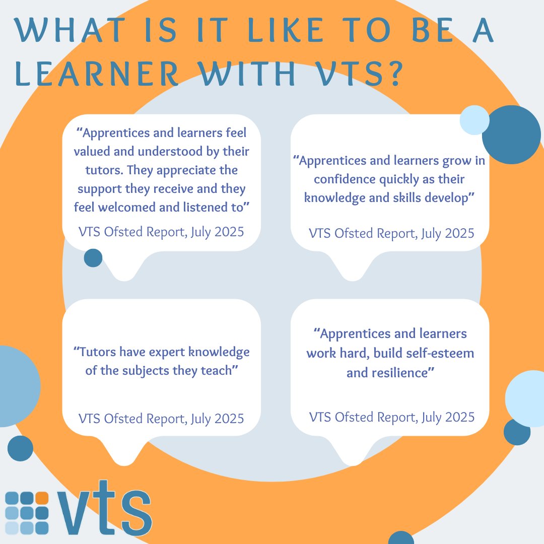 vtslearning's tweet image. 🌟 What’s it like to be a learner with VTS? 🌟

We’re proud to share highlights from our Ofsted Report (July 2025)
At VTS, we’re committed to supporting every learner to achieve their best 💙

#VTS #Apprenticeships #Education #Ofsted #LearnerSuccess