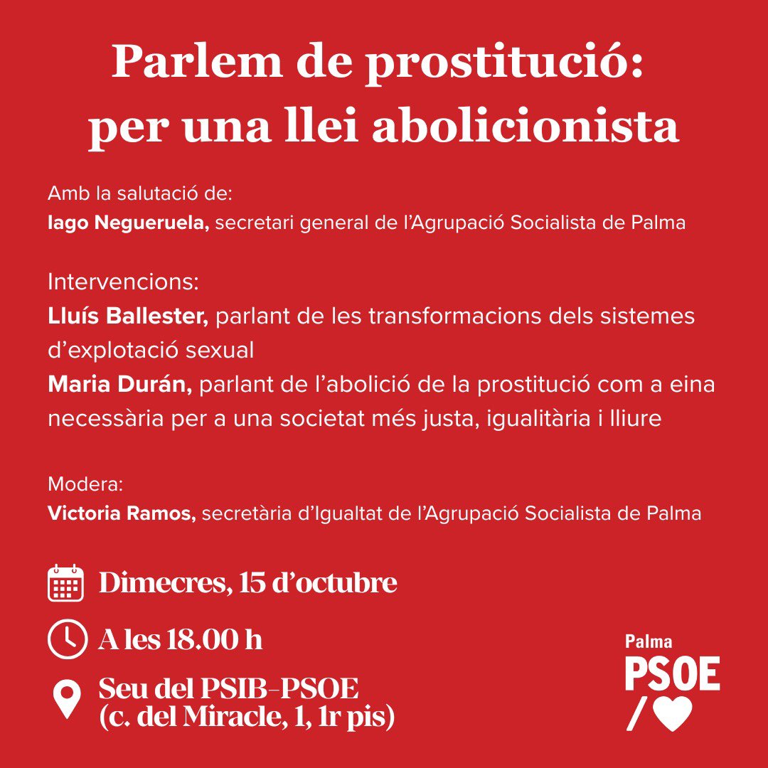 🗣️ Demà parlarem clar sobre com construir una societat lliure d’explotació sexual i més justa per a tothom. 

Parlem de prostitució, parlem d’abolició.

✊ És moment de posicionar-nos. T’hi esperam!