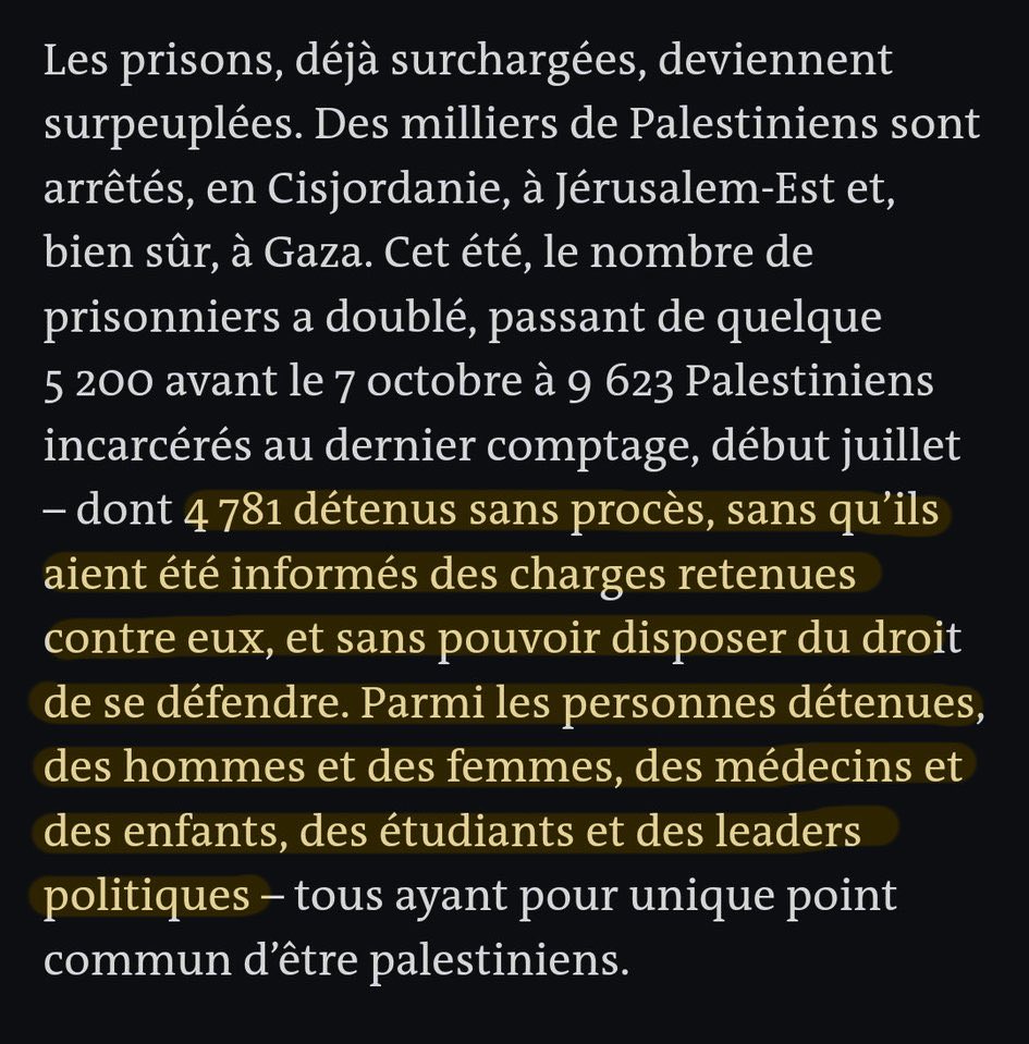r_chekkat's tweet image. Des milliers de Palestiniens enfermés sans procès, pour une durée inconnue, sans avoir été informés des charges retenues contre eux et sans possibilité de se défendre.

En un mot, ce sont des OTAGES.