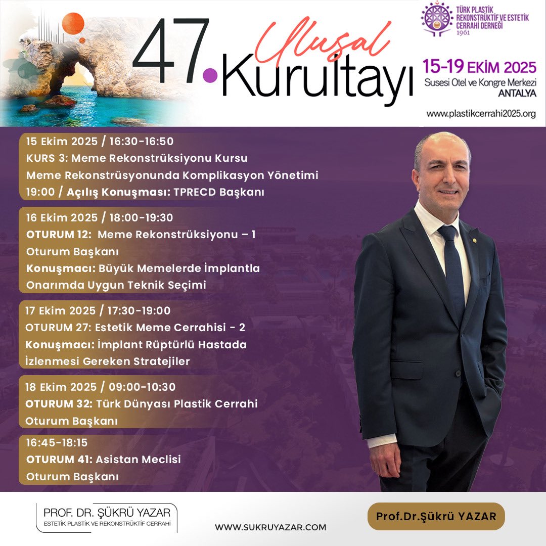 TPRECD 47. Ulusal Kurultayı – Antalya 🇹🇷

15–19 Ekim 2025 tarihleri arasında Antalya’da, Türk Plastik Rekonstrüktif ve Estetik Cerrahi Derneği olarak düzenleyeceğimiz 47. Ulusal Kurultayımızda, açılış konuşmasının yanı sıra çeşitli oturumlarda oturum başkanlığı ve konuşmalar