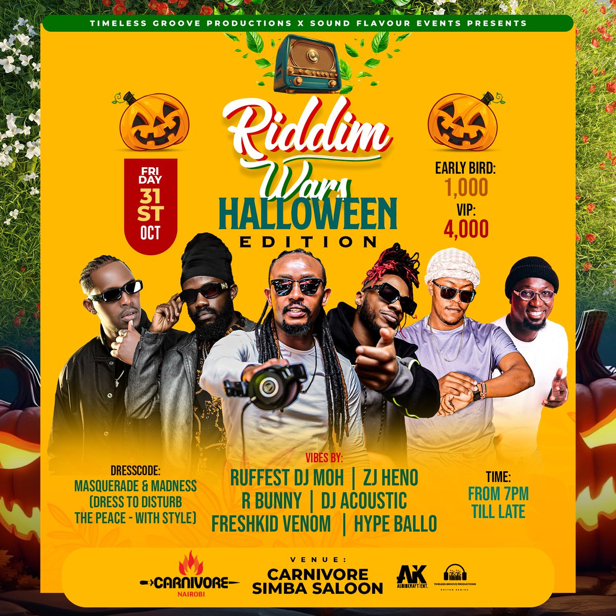 🎭The stage is set, the riddims are loaded, and the squad is coming in hot at RIDDIM WARS: HALLOWEEN EDITION! 💣  

🗓 31st October | 🕖 From 7PM till late  
📍 Simba Saloon, Carnivore  
Dresscode: Masquerade &amp; Madness  
Tickets available at ticketyetu.com

#RiddimWars