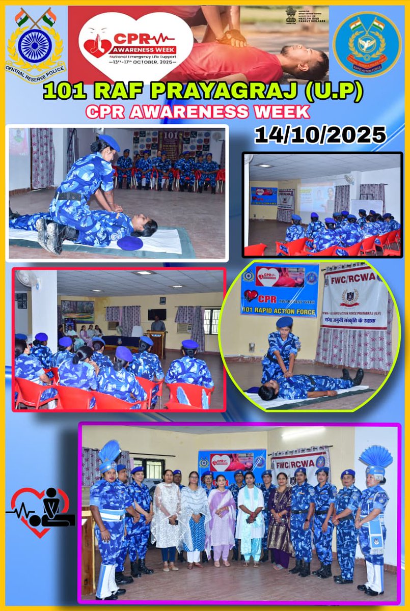 दि.14/10/2025 को श्रीमती स्मिता भारती,#कावाध्यक्षा_101RAF,के मार्गदर्शन में महिला कार्मिकों एवं परिवारजनों को CPR से संबंधित जानकारी प्रदान की तथा अभ्यास कराया गया। इस कार्यक्रम का उद्देश्य आपातकालीन परिस्थिति में त्वरित सहायता देकर मानव जीवन की रक्षा करना है।
#CPR_Awareness_Week