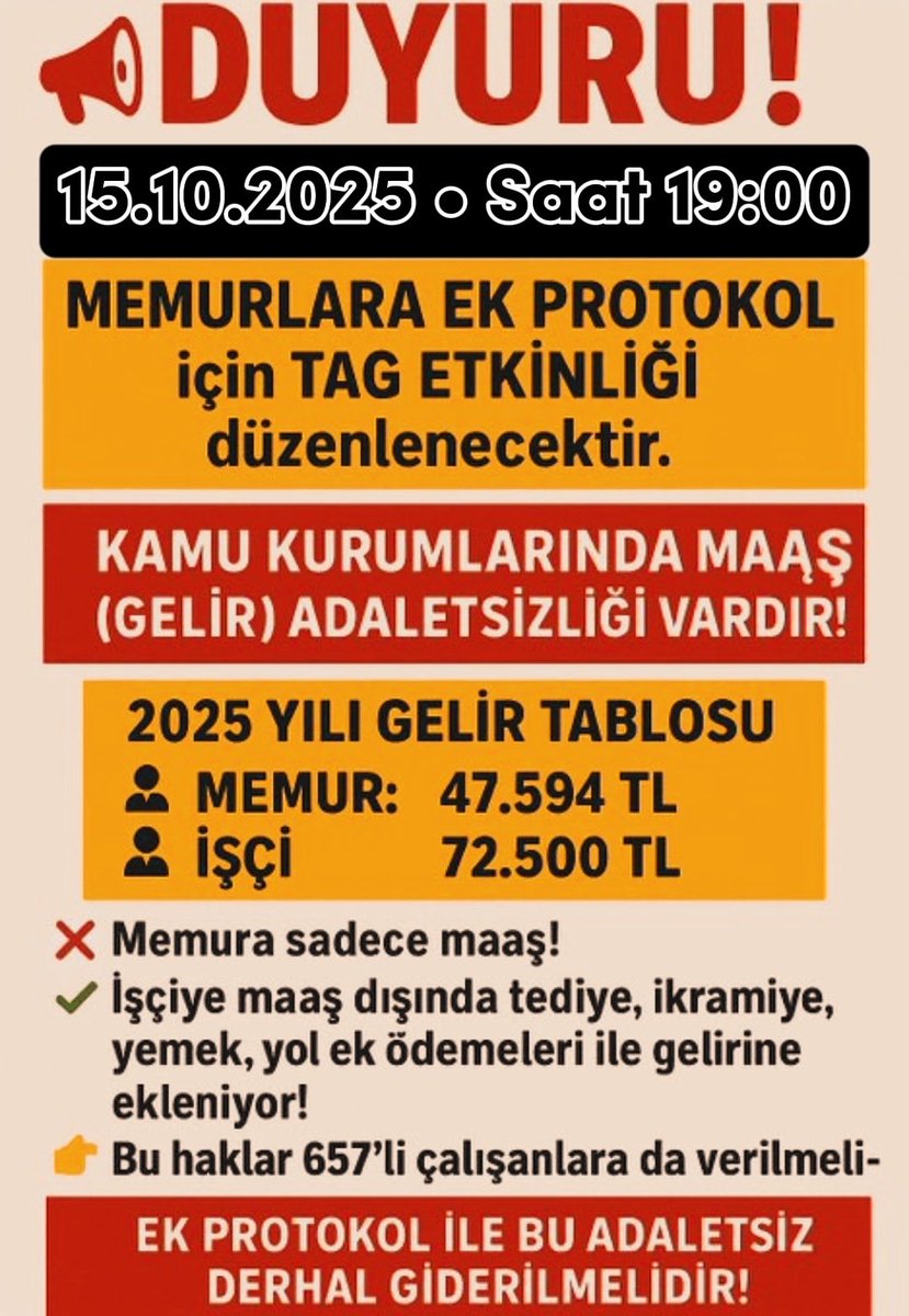 Maaş adaletsizliğin giderilmesi için.
Sesimizi çıkarmak zorundayız .
Tüm memurlar ,işçiye 67-70.000 TL verilirken memura neden 47.500 TL veriyor bunu sorgulamalıdır.
Hakkımızı almak için gündem olmak zorundayız.
Yarın tüm memurlar birlik olmalıdır.
#MemurlaraEkProtokol 
#Memur