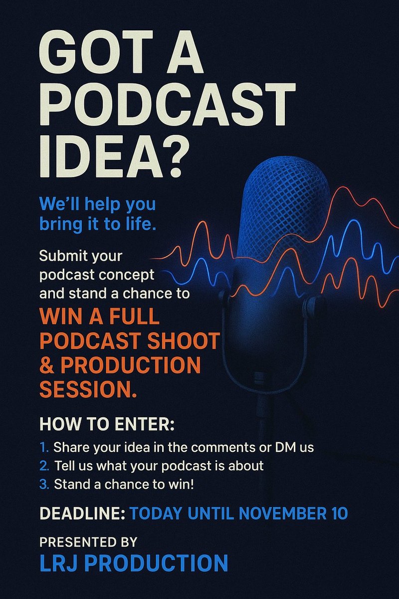 🎙️ Got a podcast idea that deserves to be heard?
We’re giving YOU the chance to bring it to life!
Share your podcast idea via email.
The winning concept will get a full podcast shoot and production session on us! 🎥🔥
Closing date: 10 Nov 2025
#PodcastCompetition #CreativeVoices
