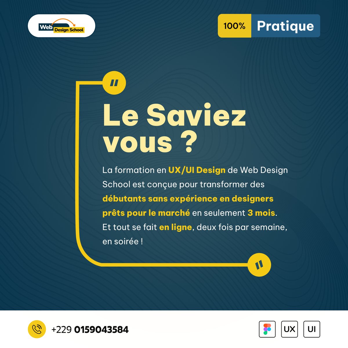 webdisignschool's tweet image. Tu n'as pas de base technique mais tu veux devenir Designer UX/UI ?
Chez Web Design School, notre formation 100 % pratique te prépare pour le marché en seulement 3 mois !
Rejoins la prochaine cohorte en nous contactant au : +229 0159043584
#UXUIDesign #WebDesignSchool #Cotonou