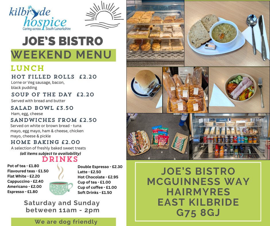 Welcome to Joe's Bistro! We're open at weekends and you can even bring your dog in with you too!  Located in the reception area of Kilbryde Hospice.  Whether you’re in the mood for a healthy bite or a sweet treat, there’s something for everyone at the Bistro.