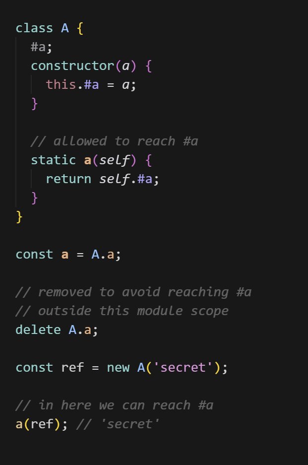 WebReflection's tweet image. in which I&apos;ve found a way to have &quot;protected&quot; properties only the class owner can handle.

these can also be orchestrated as accessor:

static a(self, ..._) {
  if (_.length) [self.# a] = _;
  return self.# a;
}