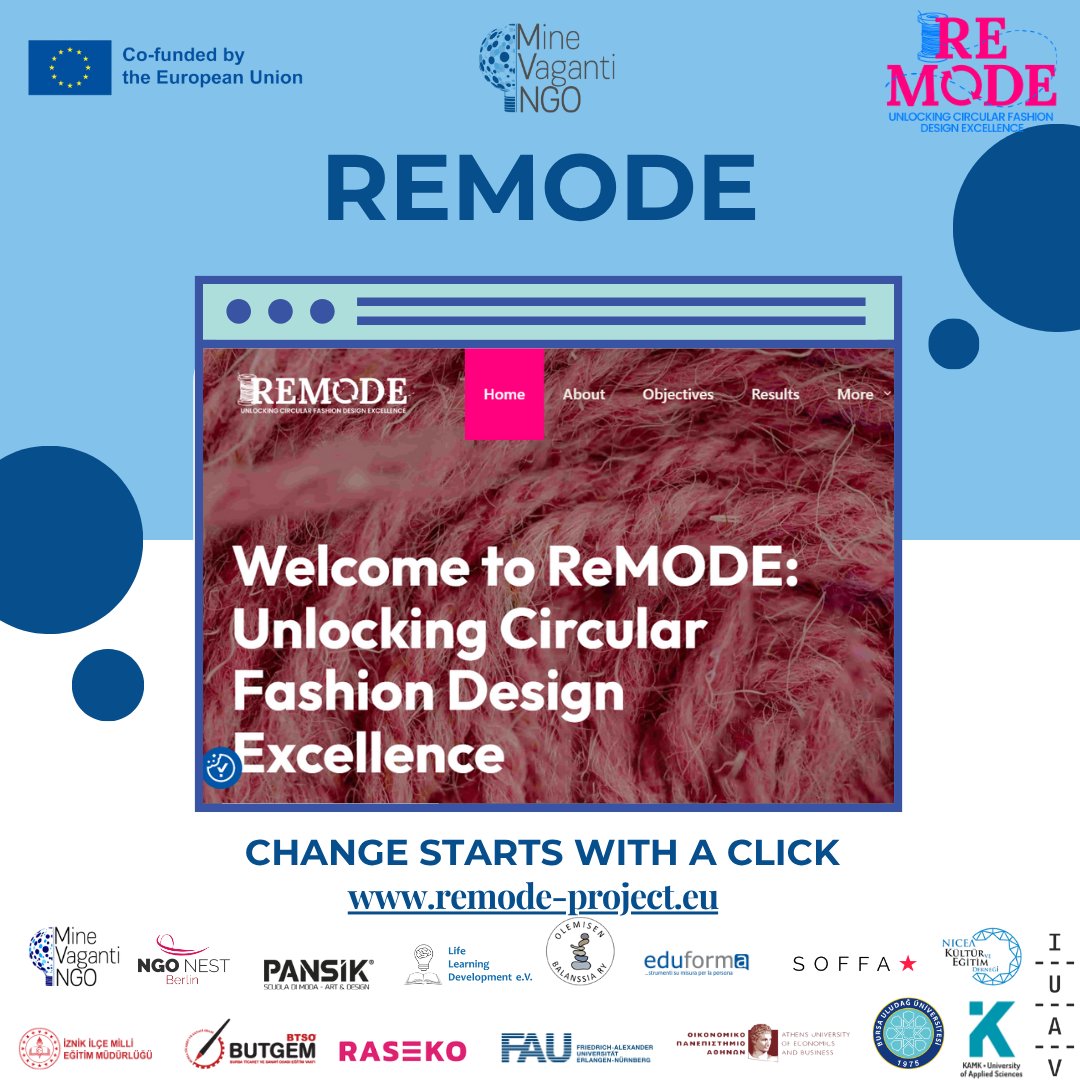 MineVagantiNGO's tweet image. The ReMODE project, co-funded by Erasmus+, is reshaping fashion through sustainability, innovation &amp;amp; education. 🌿
Discover our new website with tools, resources &amp;amp; training for a circular future in fashion! 💚
👉 [remode-project.eu]
#ReMODE #ErasmusPlus #SustainableFashion