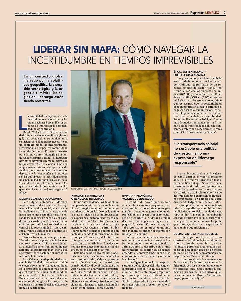 🧭 “Liderar sin mapa, pero con brújula”. Expansión &amp; Empleo recoge nuestra visión sobre el liderazgo en tiempos imprevisibles. 🌱 Ética, sostenibilidad y propósito como pilares.

#Odgers #OdgersSpain #Liderazgo #ExecutiveSearch #WhereLeadershipMatters #LeadingThroughUncertainty