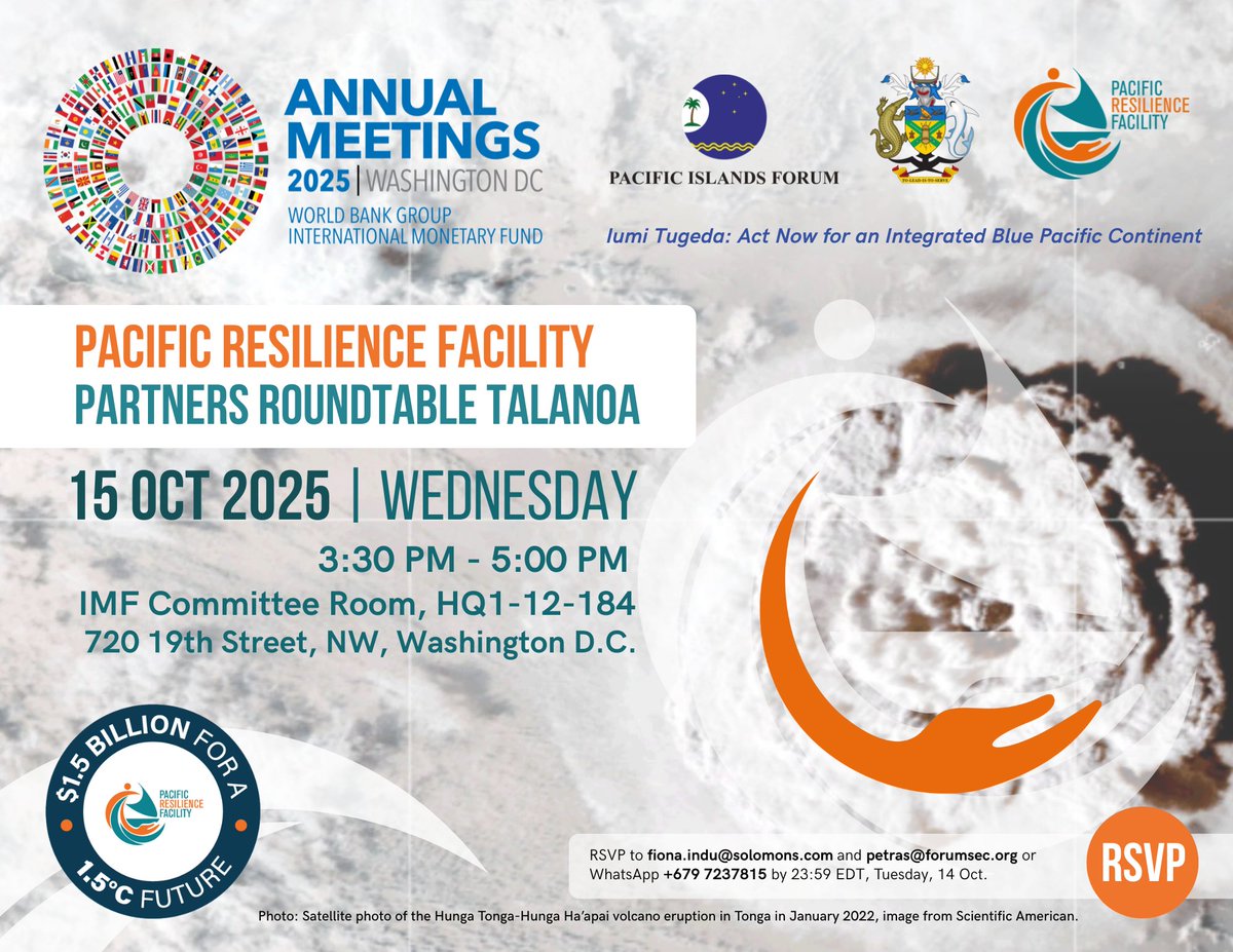 Pacific's call for action continues. Join the #PRF Partners Roundtable  Talanoa at @WorldBank \u0026 @IMFNews Annual Meetings, mobilising US$500m for a  Pacific-led facility delivering community resilience. #OneBluePacific  #Regionalism https://t.co/QEcvt5X0Ov, image size:1200x927