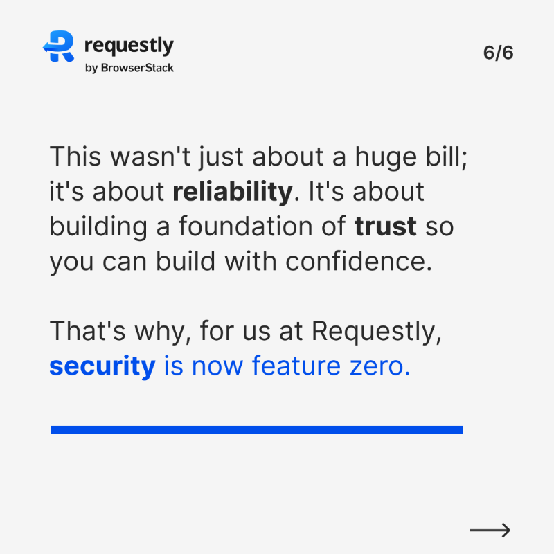 RequestlyIO's tweet photo. It wasn't some massive architectural flaw or a dramatic security breach. It was a single, overlooked API fundamental. The damage? A $20,000 invoice.
Swipe to see how this #FailForward story went down. 😬
#DevLife #RateLimiting