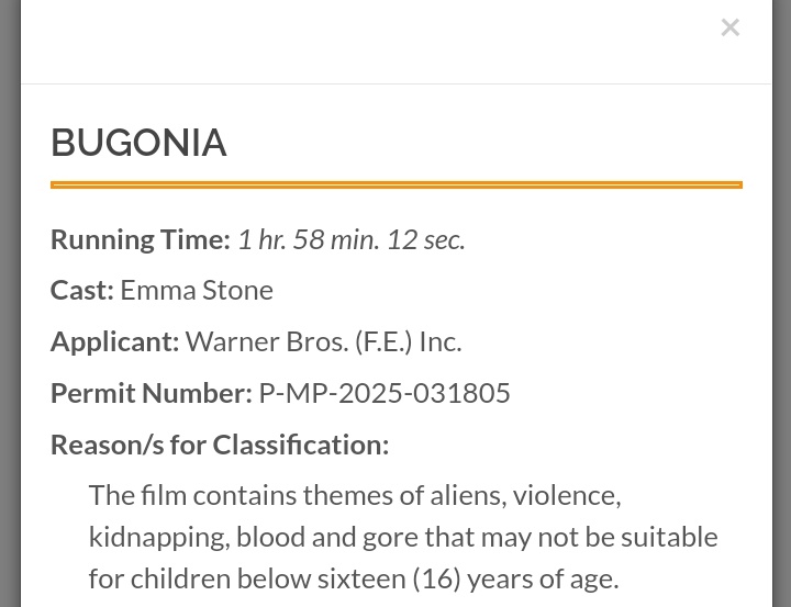 richardmz13's tweet photo. THIS IS NOT A DRILL PH CINEPHILES!

Yorgos Lanthimos' Bugonia has been rated R-16 by the MTRCB, for a possible Philippine release.

Starring Academy Award Nominee Jesse Plemons and two-time Academy Award Winner Emma Stone 🐝 https://t.co/MXkPBhH5gS